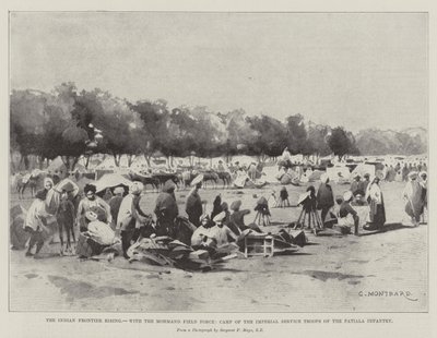 La rivolta della frontiera indiana, con la Mohmand Field Force, campo delle truppe di servizio imperiale della fanteria di Patiala da Charles Auguste Loye